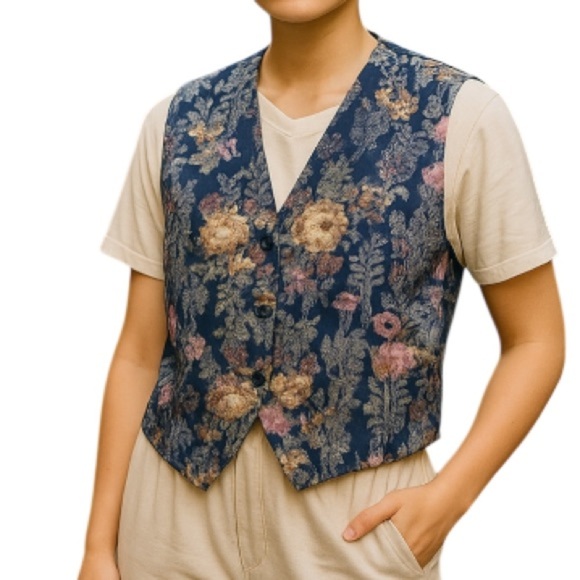 VINTAGE 90s Traditions Floral Tapestry Vest Blue Pink Mix Wingtip Button Size 16 - Picture 1 of 10